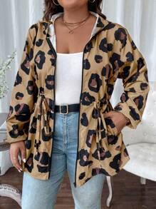 SHEIN LUNE Abrigo con capucha, estampado de leopardo, cordón ajustable en la cintura, para primavera y otoño, talla grande - Marrón - Ver 3
