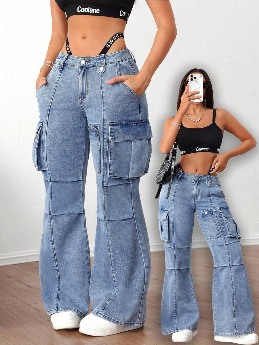 SHEIN ICON Women Casual Washed Flare Leg Jeans - Blue - View 1