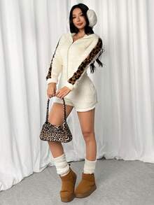 Muchica Mono/Mono con capucha, manga larga y decoración de orejas esponjosas - Beis - Ver 6