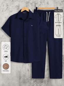RueChic 100% Cotton Men Embriodery Short Sleeve Regular Shirt & Pants Two-Piece - Navy Blue - View 1