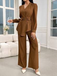 Modelyn 2pcs Women's Solid Color Button Front Blouse & Pants Casual Set 2 Pieces Set