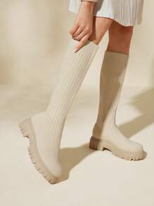 CUCCOO BASICS Women Shoes Fashion Minimalist High Elasticity Knit Knee Sock White Boots Vacation Shoes Summer For And Spring Shoes Spring Break Easter - Beige - View 7