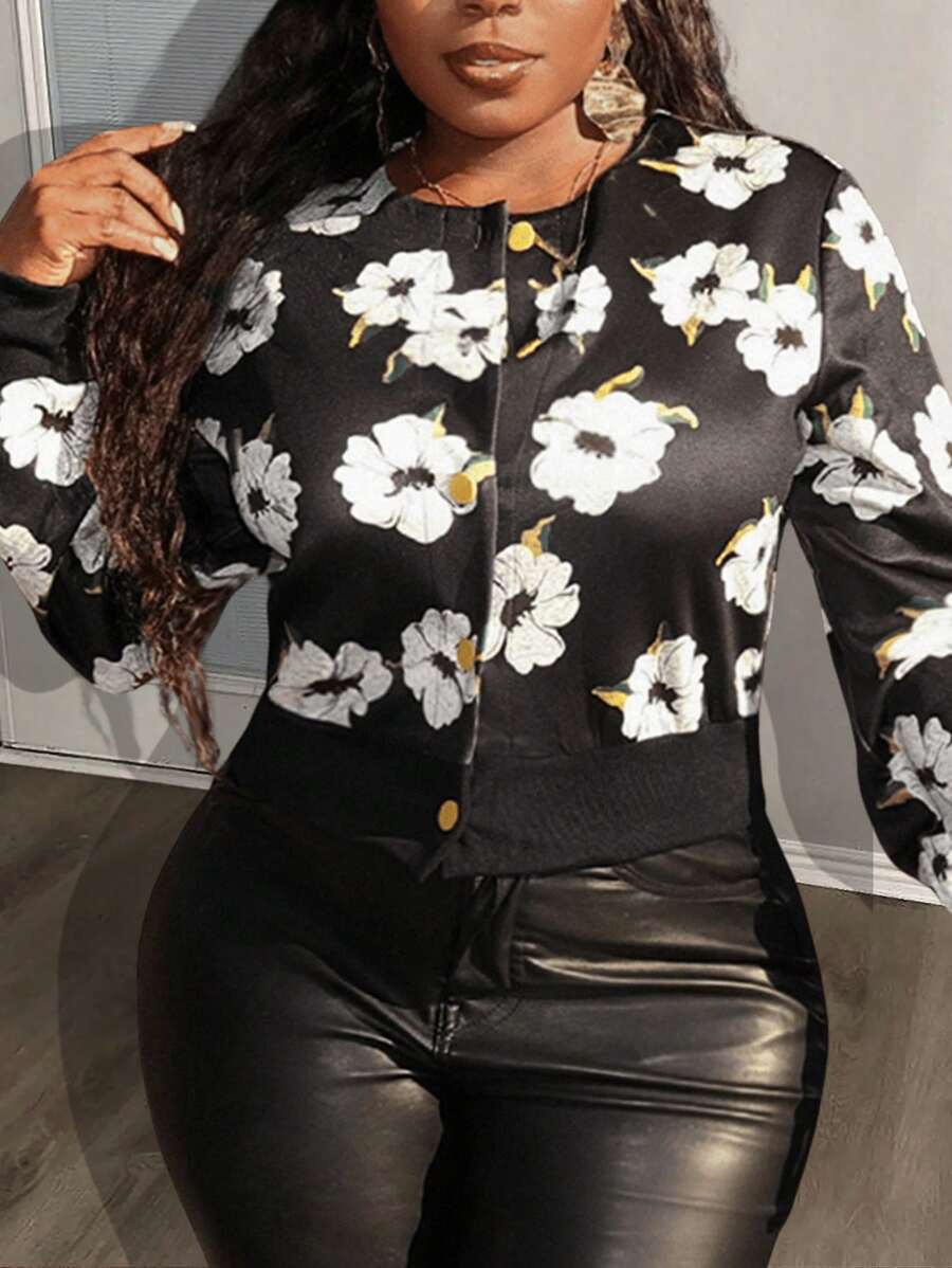 Slaydiva Autumn And Winter New Style Baseball Collar Long Sleeve Puff Sleeve Truncated All-Over Black Background White Flower Print Women's Jacket-K