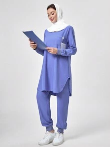 TaskEZ 纯色圆领长袖上衣和裤子制服套装 - 淺藍色 - 查看 3