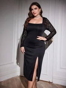 SHEIN Belle Đầm dự tiệc cocktail xẻ tà ren trơn màu thanh lịch cỡ lớn - màu đen - Xem 11