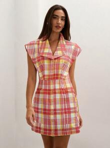 COSMINA Vestido informal mini con bolsillo y cuello a cuadros para mujer, uso diario - Multicolor - Ver 6
