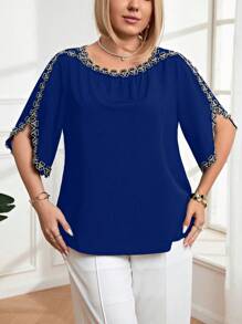 Plus Size Floral Embroidered Decor Blue Blouse For Women, For Summer