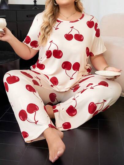Conjunto de pijama de punto con estampado de cerezas y manga corta, talla grande