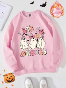 Women's Casual Halloween Party Cartoon Witch Hat Cute Ghost Colorful Letter & Slogan Print Basic Crew Neck Sweatshirt - Pink - View 1