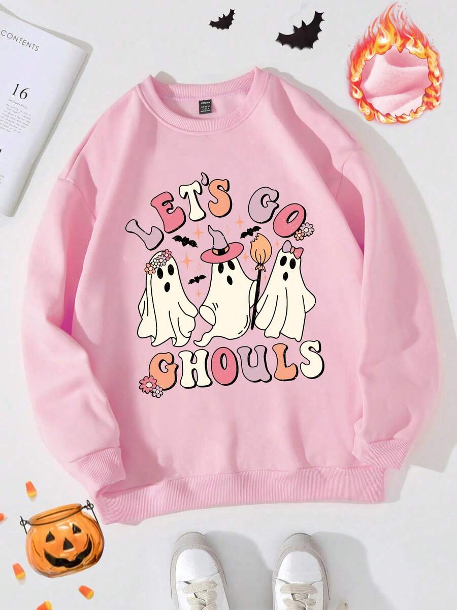 Women's Casual Halloween Party Cartoon Witch Hat Cute Ghost Colorful Letter & Slogan Print Basic Crew Neck Sweatshirt - Pink - View 1