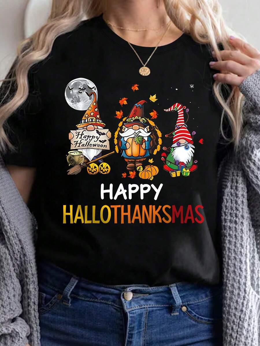SHEIN LUNE Áo thun ngắn tay in hình hoạt hình phong cách Halloween - màu đen - Xem 1