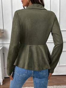 SHEIN LUNE 女士纯色简约日常拉链长袖夹克 - 軍綠色 - 查看 2