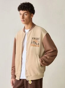 Manfinity VCAY Men's Fashionable Casual Patchwork Zip Up Long Sleeve Jacket, For Fall Winter - Khaki - View 4
