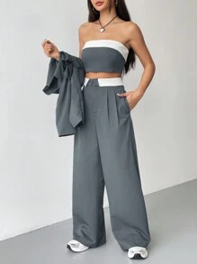 SHEIN EZwear Solid Color Jacket With Contrast Striped Pants Suit