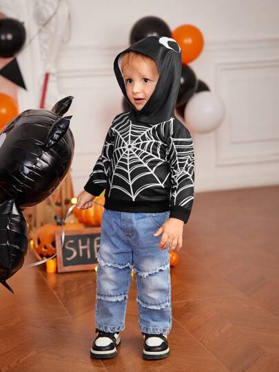 Baby Boys Adorable Halloween Spider Web Print Hoodie With Eye Pattern, Long Sleeve Sweatshirt For Photography, Party, Casual, Suitable For Autumn & Winter
