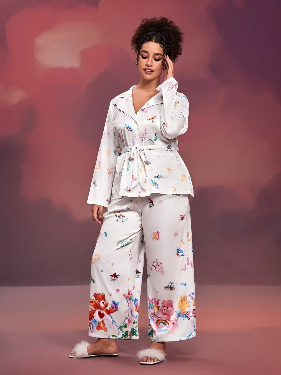 SHEIN X Care Bears Designer Plus Loose Comfortable Bear Printed Pajama Set, Holiday - Multicolor - View 1