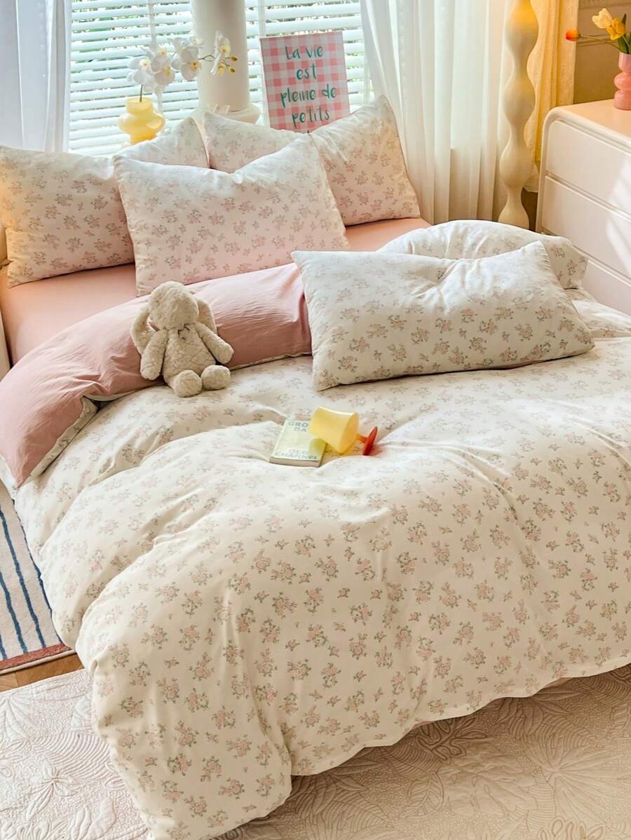 3pcs Plant & Floral Micro Floral Duvet Cover Set - 1 Duvet Cover, 2 Pillow Shams, No Filling, Soft Washed Fabric, Suitable For Bedroom All Seasons