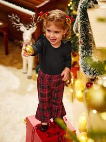 Set da abbigliamento natalizio per neonata con body a maniche lunghe nero e pantaloni a quadri rossi, collezione autunno/inverno