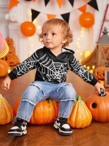 Babyjongens schattige Halloween Spinnenweb Print Hoodie met Oogpatroon, Lange Mouw Sweatshirt voor Fotografie, Feest, Casual, Geschikt voor Herfst & Winter