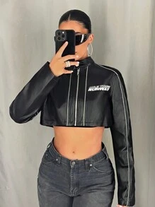 SHEIN ICON Áo khoác bomber đua xe thời trang Y2k Streetwear bằng da PU dài tay in chữ có khóa kéo cắt cúp thời trang xuân thu cho nữ - màu đen - Xem 5