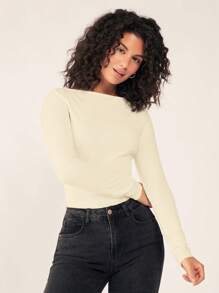 SHEIN BASICS 女士纯色简约日常圆领长袖 T 恤 - 杏色 - 查看 8