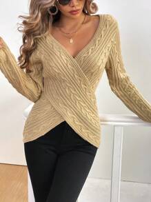 SHEIN Clasi Suéter de mujer de cuello en V acanalado de manga larga, jersey de punto para otoño e invierno - Caqui - Ver 4