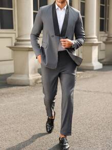 Manfinity Mode 2pcs Men's Front Button Faux Pocket Long Sleeve Shirt And Pants Suit - Dark Grey - View 5