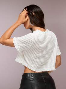 SHEIN Unity Women White Textured Fabric Ruffle Trim Loose Tie Front Crop Top - White - View 2