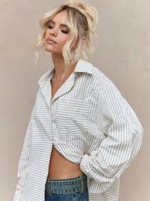 MISSGUIDED 超大号纽扣条纹衬衫经典领休闲长袖宽松上衣办公室日常基本款春夏秋季 - 白色 - 查看 3