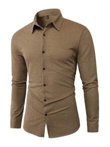 Manfinity Mode 男士纯色休闲长袖衬衫 - 黑色和金色 - 查看 1