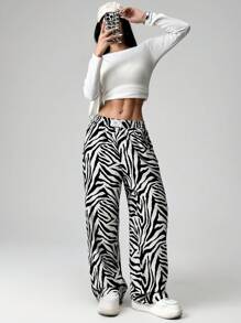 SHEIN EZwear Zebra Stripe Woven Wide Leg Pants - Black and White - View 3