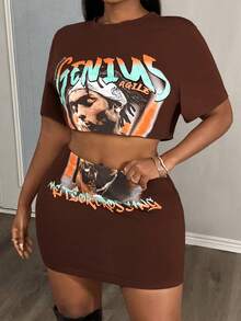 Slaydiva Bộ 2 món phong cách đường phố thường ngày, in họa tiết, gồm áo crop top tay ngắn và chân váy mini dành cho nữ. - Cà phê nâu - Xem 8