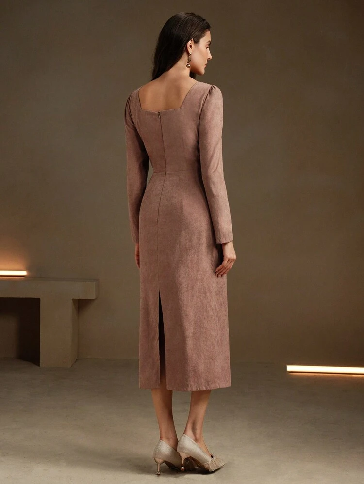Square Neck Long Sleeve Backless Waist-Cinched Slit Elegant Dress
