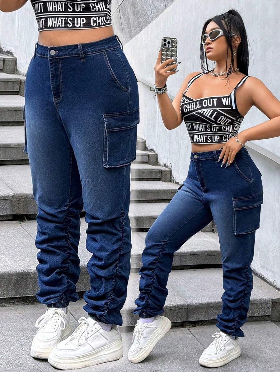 SHEIN ICON Quần jean denim rách cỡ lớn màu xanh lam, trang phục dạo phố thông thường - Rửa tối - Xem 1