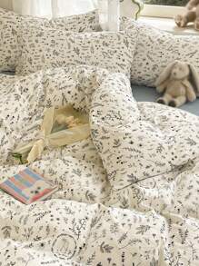 3 件套卷轴图案叶子、花朵和兔子印花水洗黑白羽绒被套和枕套，单人床/双人床/大号双人床/特大号双人床