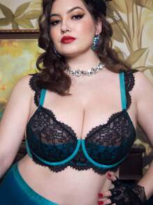 Plus Size Contrast Lace Shell Edge Bra & Wireless Bra, Lingerie - Dark Green - View 1
