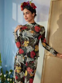 Frida Kahlo X SHEIN X Designer ISELACOS Mock Neck Tropical Printed Sheer Mesh Top With Lettuce Hem, Holiday, Thanksgiving, Spring & Summer, Going Out, Festival
