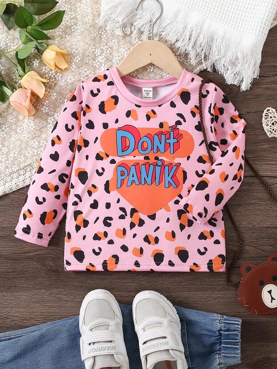 SHEIN 1 件年轻女孩时尚休闲粉色豹纹心形和字母图案长袖 T 恤，适合秋冬季 - 彩色 - 查看 1