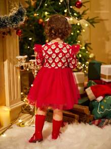 Christmas Baby Girl Doll Dress,Red And White Santa Claus Print Mesh Ruffle Bow Long Sleeve Cute Autumn Birthday Holiday Clothes For Spring Winter - Multicolor - View 2
