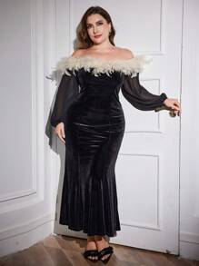 Modelyn 露肩紧身鱼尾裙，适合派对，加大码女式长裙 - 黑色 - 查看 6