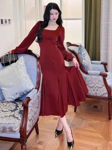 DAZY 女士纯色方领鱼尾连衣裙，生日、新年、舞会礼服，秋季红色女装，圣诞节优雅女装 - 酒紅色 - 查看 5
