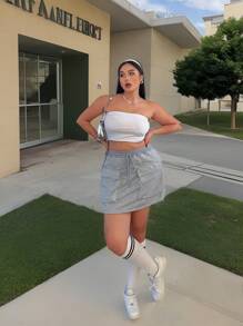 Flirla Back To School Gray Casual Utility Skirt With Pockets, Elastic Waist, Drawstring - Grey - View 1