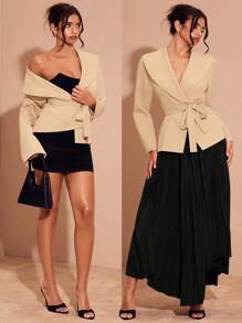 Zolique Abrigo elegante de dama corto y regular con cuello cruzado, cinturón en la cintura y chal de color amarillo cálido marrón