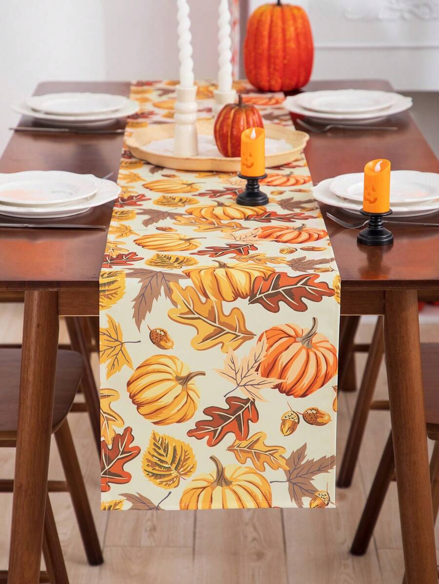 1 pieza Camino de mesa con estampado de calabaza de Halloween, decoración del hogar, decoración de otoño, decoración de temporada, decoración de habitación - Multicolor - Ver 1