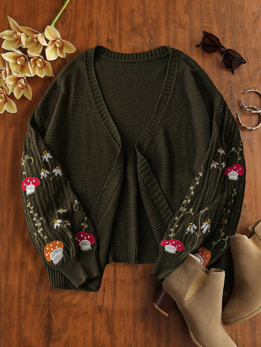 Flirla Plus Size Women's Embroidered Knit Cardigan, Winter - Green - View 1