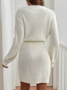 Chiquease 女士纯色圆饰简约休闲长袖毛衣连衣裙 - 白色 - 查看 2