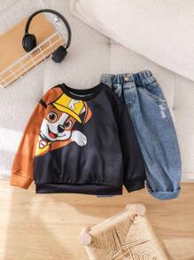 SHEIN Leap Crew Áo nỉ cổ tròn dáng rộng thoải mái in hình chú cún dễ thương dành cho bé trai, đa năng cho Halloween, đi chơi, đi học, tụ họp và mùa thu/đông. - Nhiều màu - Xem 6