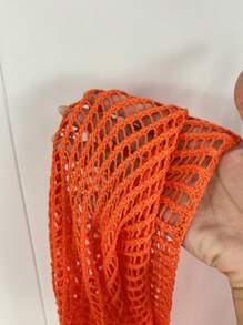 INAWLY Women's Solid Color Hollow-Out Loose Sheer Sweater Pants Set - Orange - View 5