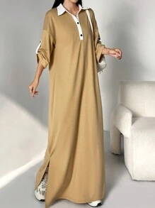 Al Najma Women's Contrast Color Polo Collar Cuffed Sleeve Casual Straight Modest Dress, Casual Sporty For Casual Daily/Work/Back To School, Maxi Length Arabian Dresses - Multicolor - View 1