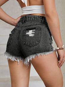 SHEIN EZwear Quần short denim cài nút phía trước, nhiều túi, viền rách, trang phục thường ngày - Xám - Xem 2